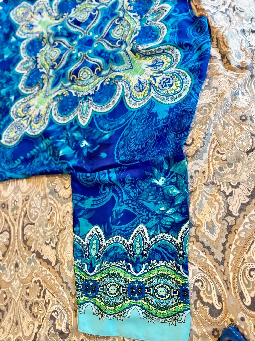 CHICO’S Silky Turquoise & Blue Paisley Medallion Open-Front Kimono Wrap Cardigan
